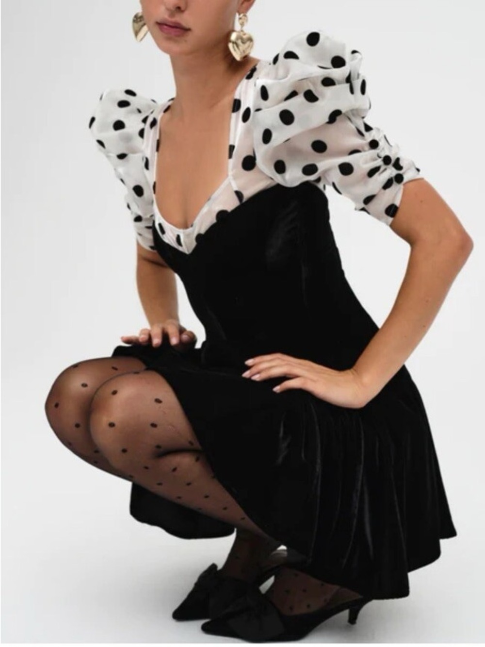 For Love & Lemons Dolly Velvet Mini Dress Polka Dots Puff Sleeve Black White NWT